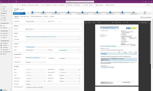Detail view of a document with integrated viewer and extracted metadata