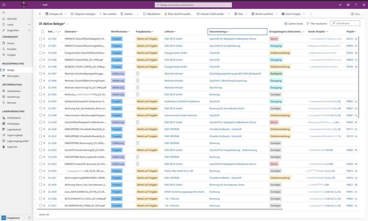 Document overview in the Dataverse app — central view of all incoming documents